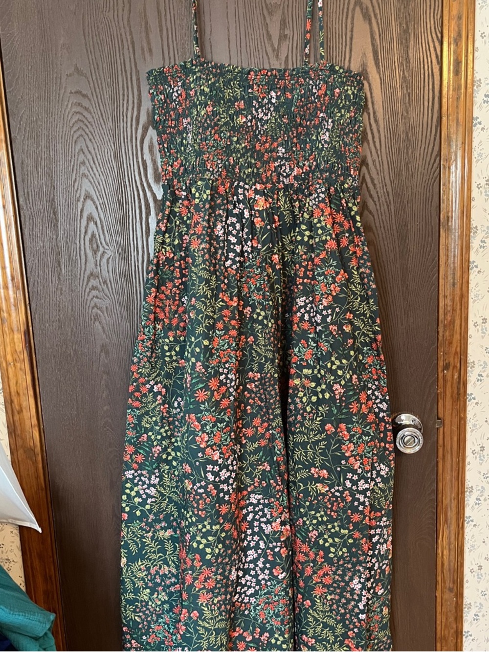 LOFT Green Floral Smocked Strap Midi Dress